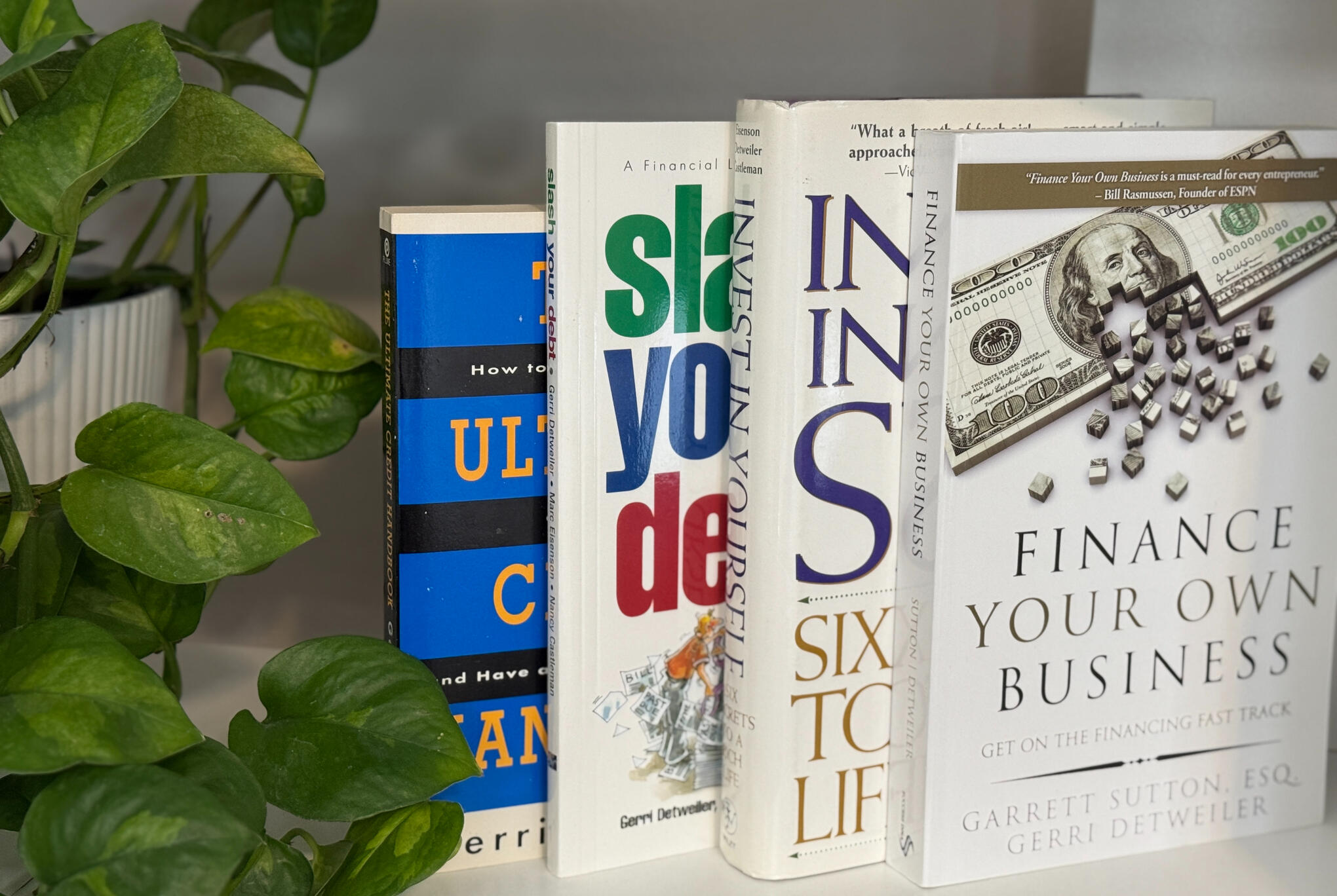 Six books on a book shelf