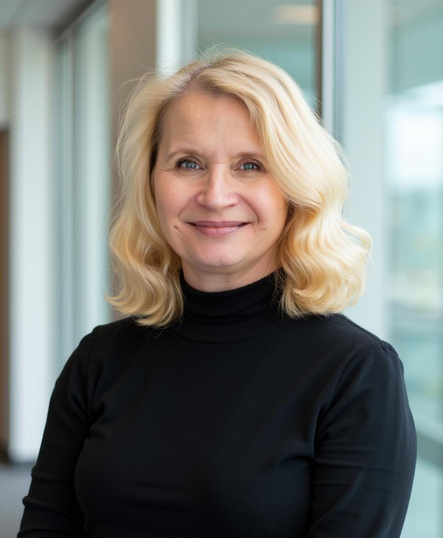 A professional headshot of a woman. The woman has blonde hair blue eyes and is wearing a black turtle neck shirt.